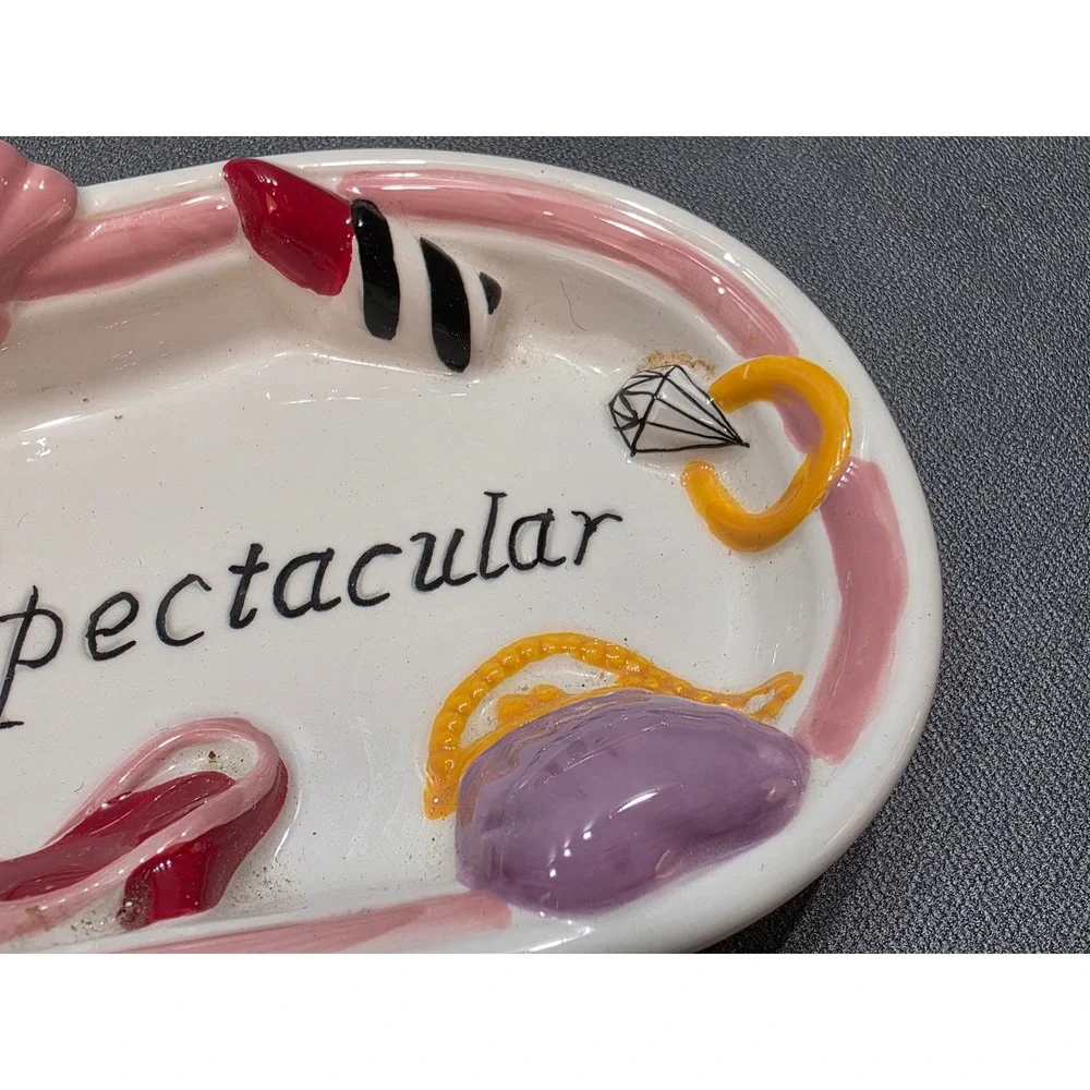 Vintage Ceramic You're Spectacular Vanity Trinket Tray Jewelry Dish Pink White